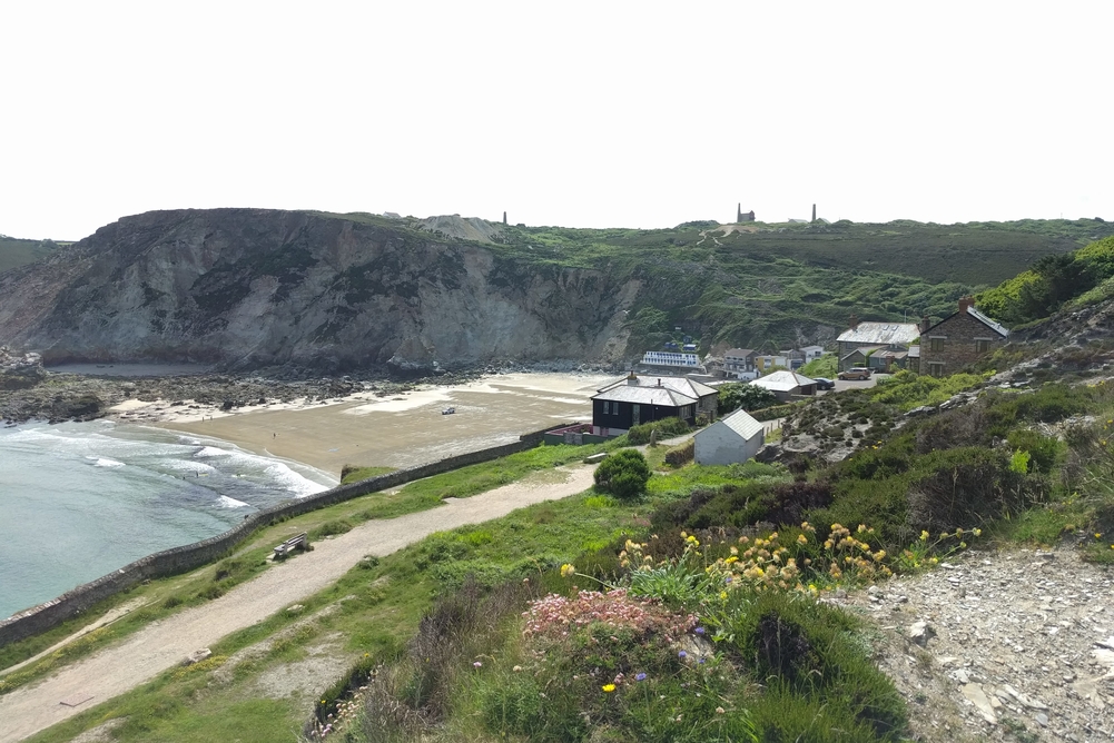 view of Trevaunance beach from the cliffs